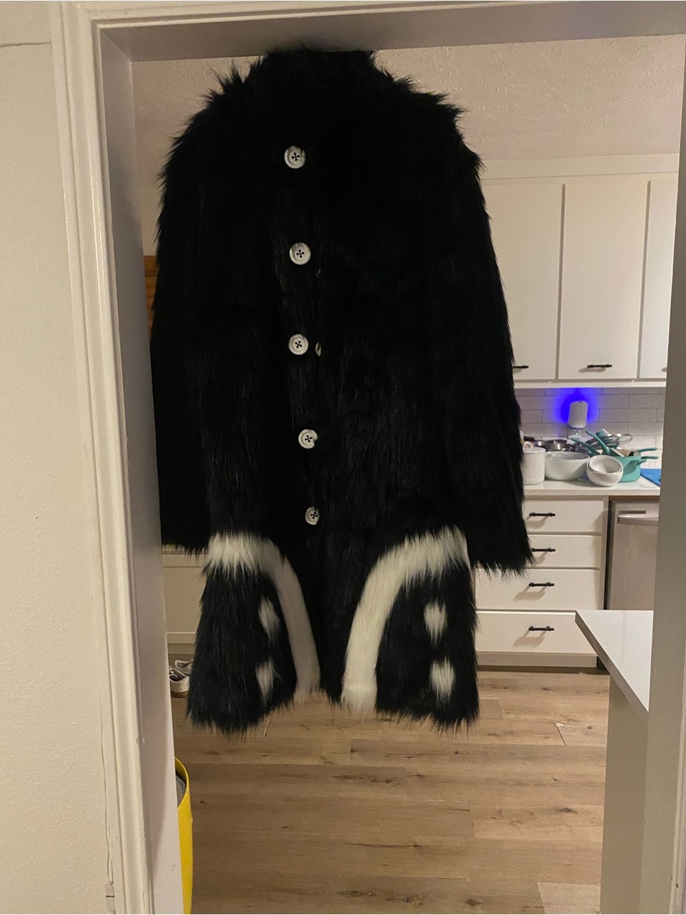Black Faux Fur Long Coat with White YETI design.